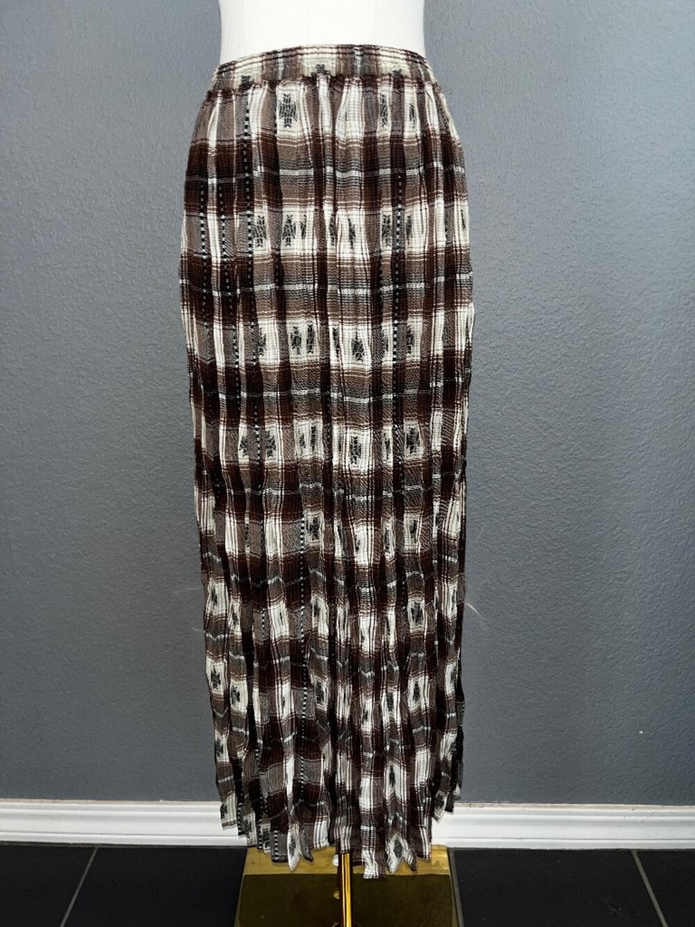 Vintage Y2K 90's Express Plaid Crinkle Pleated Maxi Skirt Western Aztec Boho XS
